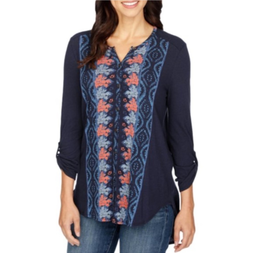 Lucky Brand navy and pink long sleeved top with 3/4 sleeve option, 1X